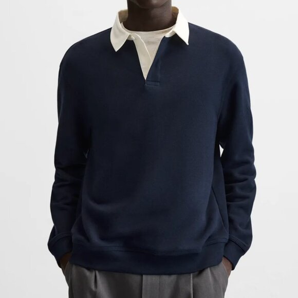 Zara Navy Blue Polo Shirt with White Collar - Picture 1 of 8
